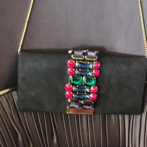 Black suede clutch evening bag with gold shoulder chain